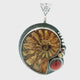Ammonite Fossil Pendant - Open Inverted Ammonite Cross-section Inlaid with Rutilated Quartz with Oval Garnet Cabochon & Faceted Garnet & Citrine Rounds Bezel Set in 925 Sterling Silver