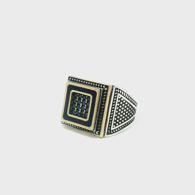 Sapphire Ring - 16 Faceted Sapphire Round Nanostones Set in Gold Vermeil Square with Rope Details in 925 Sterling Silver sz8.25