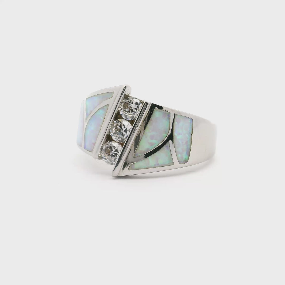 White Opal Inlay Art Deco Ring with 3 White Czs Stacked Sz9