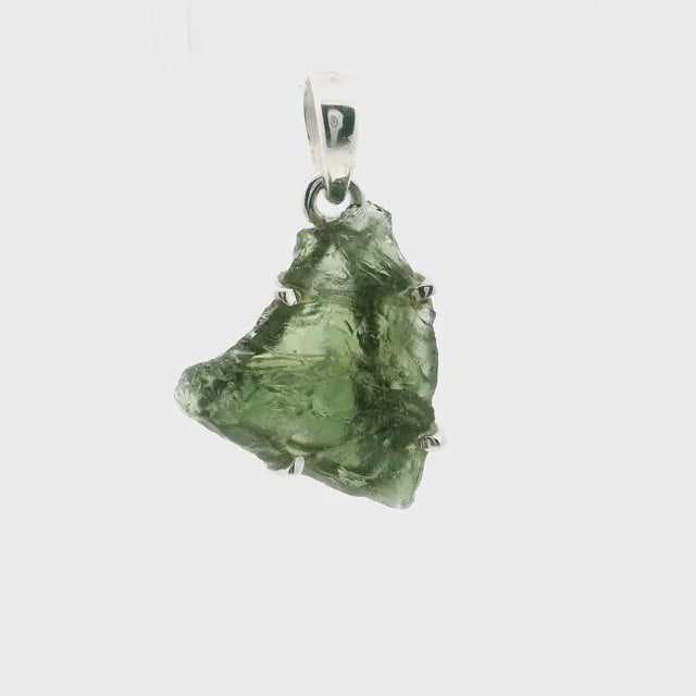 Moldavite Pendant - Shark Fin Freeform Prong Set in 925 Sterling Silver