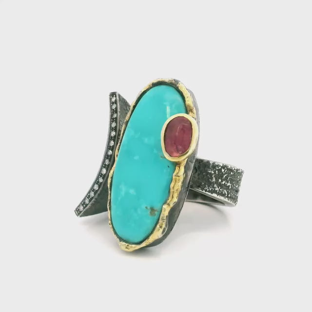 Arizona Turquoise Ring - Long Oval Cabochon & Faceted Pink Tourmaline Oval on Open Band with Curved Single Row Pave Diamonds & Dripped Gold Accents Bezel Set in 925 Sterling Silver sz8