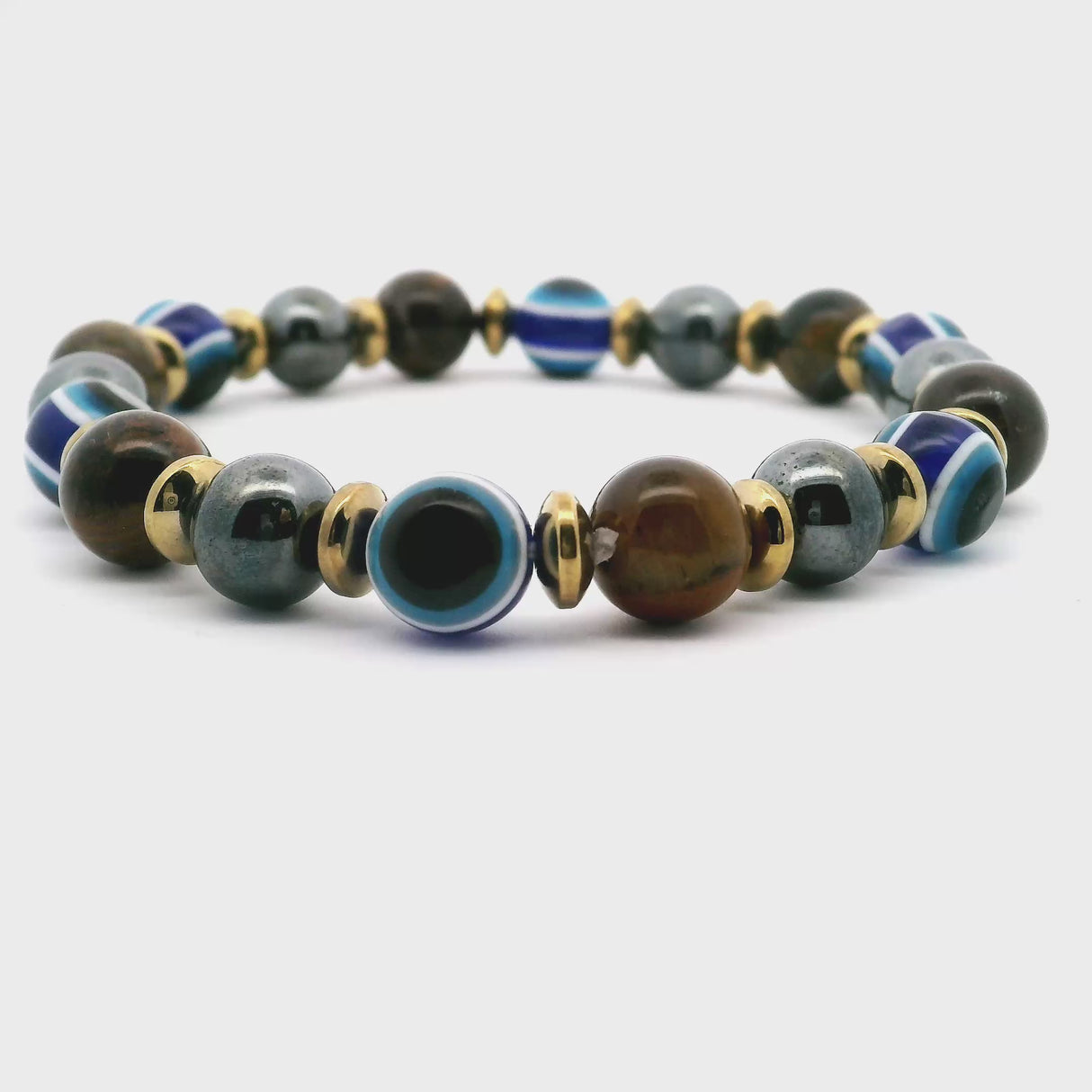 Tigers Eye & Hematite Navy Evil Eye Beaded Bracelet 8mm Rounds