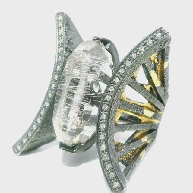 Rutilated Quartz Ring - Faceted Silver-Rutilated Quartz Oval Vertically set in Open Band Between 2 Curved Lines of Single Row Pave Diamonds with Dripped Gold Accents in 925 Sterling Silver sz8.5