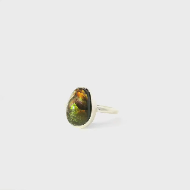 Mexican Fire Agate Ring - Freeform Cabochon with Green & Orange & Brown Bezel Set in Simple 925 Sterling Silver sz6
