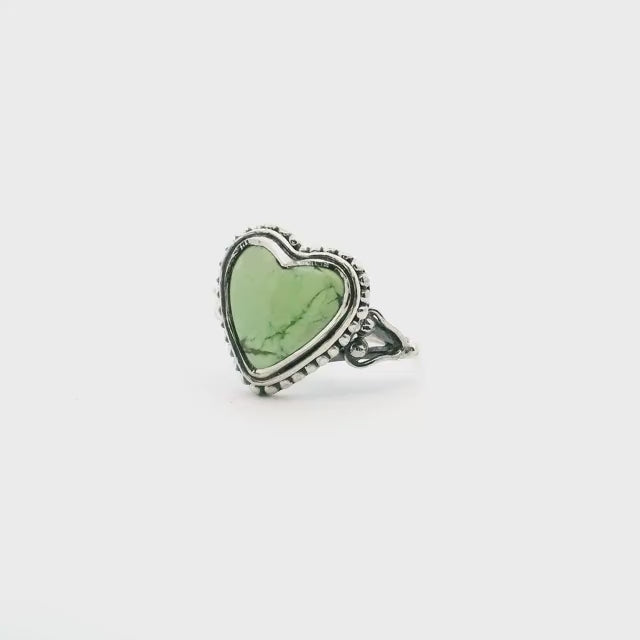 Lemon Chrysoprase Ring - Heart Cabochon with Darker Green Inclusions Bezel Set with Beaded Accents on Double Band in 925 Sterling Silver sz7