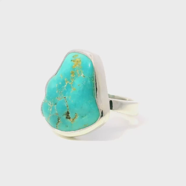 New Mexican Turquoise Ring - Polished Freeform  with Tan Inclusions Bezel Set in 925 Simple Sterling Silver sz8