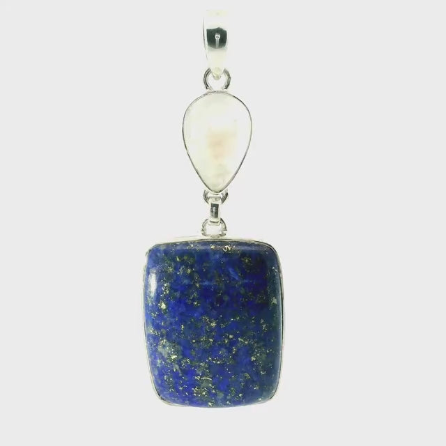 Lapis Lazuli Pendant - Rounded Rectangular Cabochon Below Inverted Rainbow Moonstone Teardrop Cabochon Bezel Set in 925 Sterling Silver