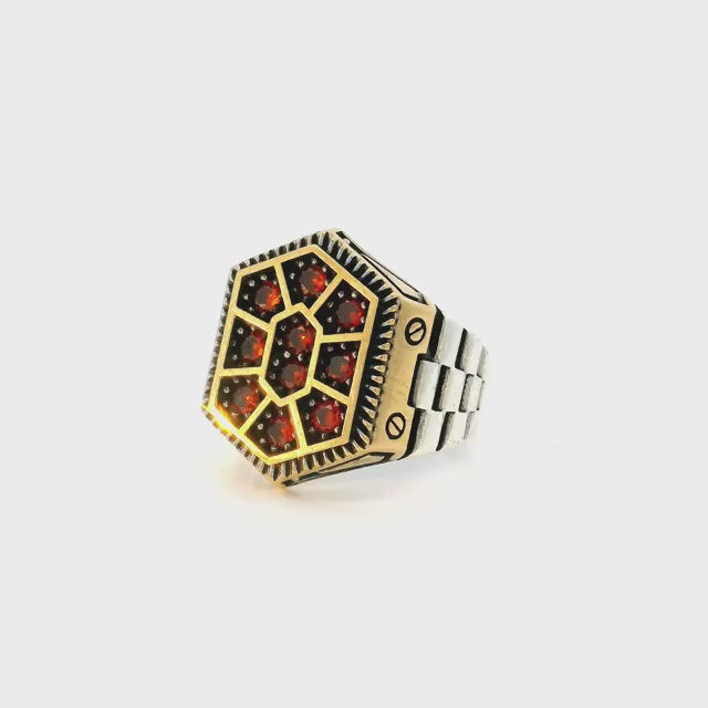 Garnet Ring - 10 Faceted Garnet Round Nanostones Set in Gold Vermeil Hexagon on 925 Sterling Silver Watch-Like Band sz8.75