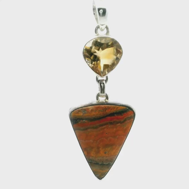 Bumblebee Jasper Pendant - Inverted Triangle Cabochon Below Faceted Citrine Round Bezel Set in 925 Sterling Silver