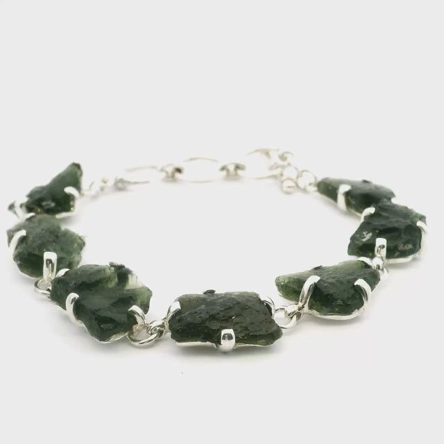 Moldavite Link Bracelet - 7 Nuggets Prong Set in 925 Sterling Silver with Toggle Clasp