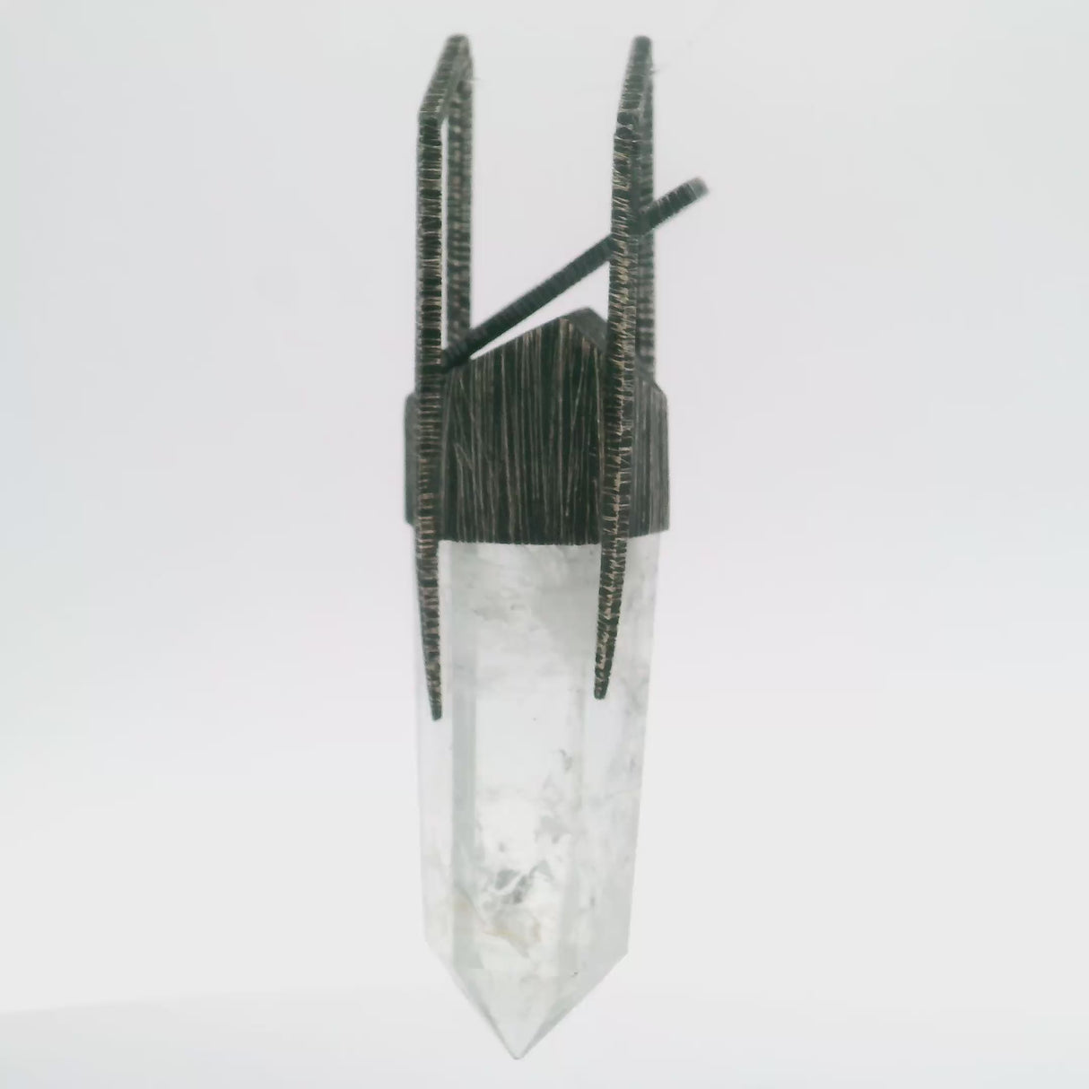 Quartz Crystal Point Pendant in Lantern Bezel Set Oxidized 925 Sterling Silver & H Bridge Bail Design - Organic Shape