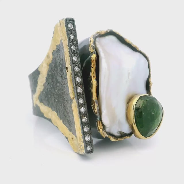 Keshi Pearl Ring - Keshi pearl & Faceted Green Tourmaline on Open Band with Single Row Pave Diamonds & Dripped Gold Triangular Accent Bezel Set in 925 Sterling Silver sz9.5
