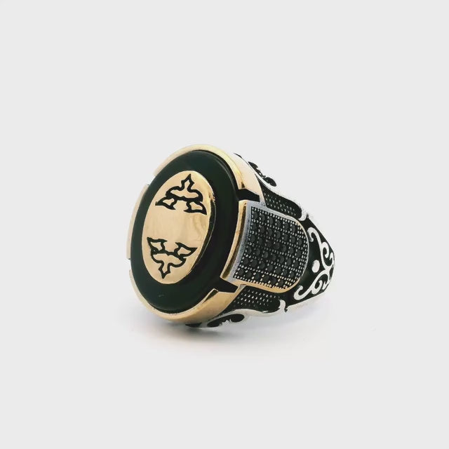 Black Onyx Ring - Flat Oval with Gold Vermeil Oval Accent Bezel Set in Gold Vermeil with Multiple Pave Black Nanostones on Sides in 925 Sterling Silver sz11