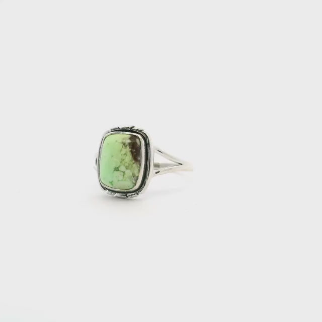 Lemon Chrysoprase Ring - Rounded Rectangular Cabochon with Dark Brown Inclusions in Corner Bezel Set with Line Accents on Double Band in 925 Sterling Silver sz5