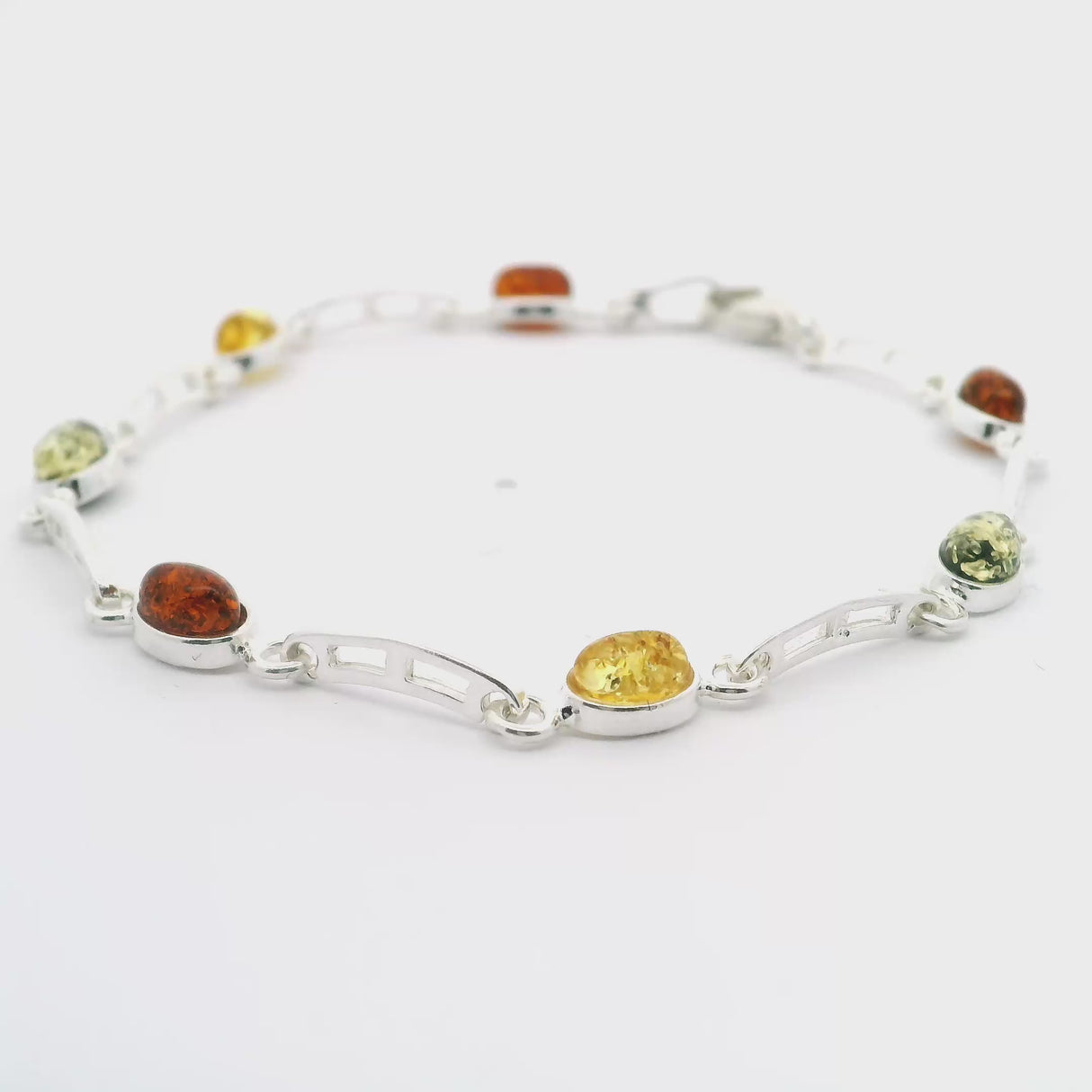 Classic Trio Amber Link Bracelet with Bridge-Design Links Bezel Set in 925 Sterling Silver