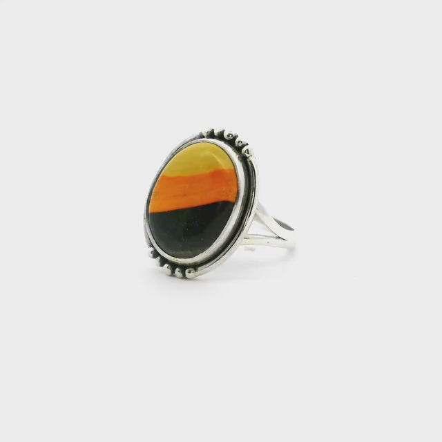 Bumblebee Jasper Ring - Oval Tri-color Cabochon with Double Band & Beaded Accents Bezel Set in 925 Sterling Silver sz5