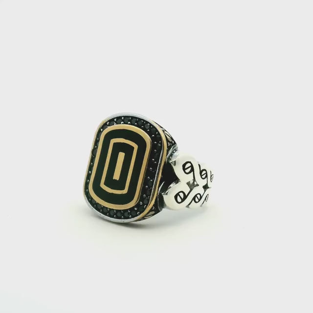 Black Onyx Ring - Rounded Rectangle Flat with Single Row Pave Black Nanostones Bezel Set with Gold Vermeil Accents & Braided Band in 925 Sterling Silver sz10