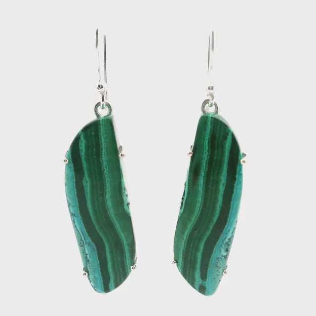 Chrysocolla Malachite Dangle Earrings - Long S-Shaped Cabochon with Straight Vertical Bands of LIght Green & Dark Green & Aqua Prong Set in 925 Sterling Silver