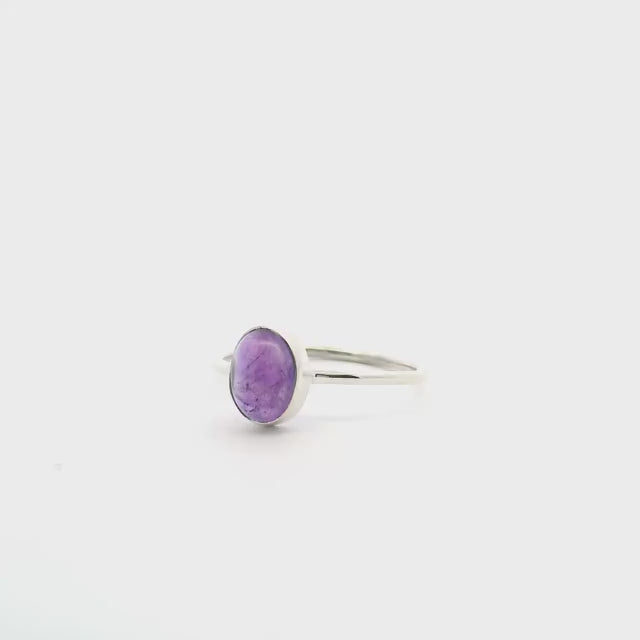 Amethyst Ring - Oval Cabochon Bezel Set in Simple 925 Sterling Silver sz10