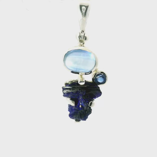 Azurite Druze Pendant - Rough Speciman Prong Set with Oval Kyanite Cabochon & Faceted Round Bezel Set in 925 Sterling Silver