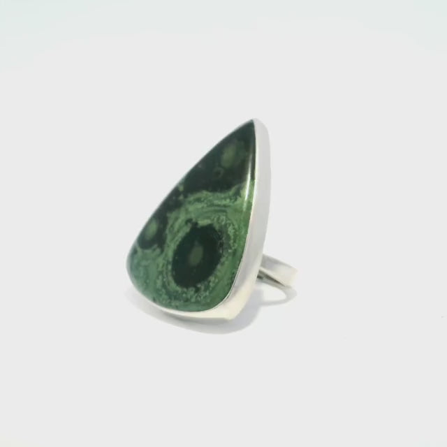 Kambaba Jasper Ring - Rounded Triangle Cabochon Bezel Set in 925 Sterling Silver szAdj