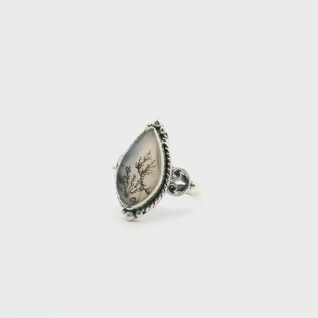 Dendritic Agate Ring - Sharp Oval Cabochon with Thin Dark Dendrites & Rope & Beaded Detail Bezel Set in 925 Sterling Silver sz6