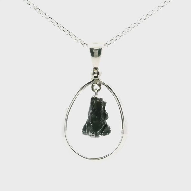 Campo De Cielo Meteorite Pendant - Rough Speciman Hanging in Open Oval with 925 Sterling Silver with Chain