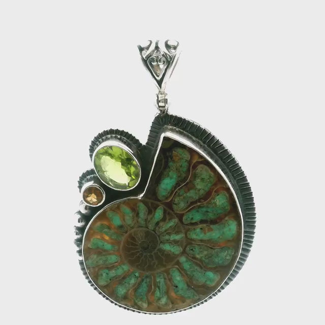 Ammonite Fossil Pendant - Open Ammonite Cross-section Inlaid with Smithsonite with Faceted Peridot Oval & Citrine Round Bezel Set in 925 Sterling Silver with Bead & Line Accents