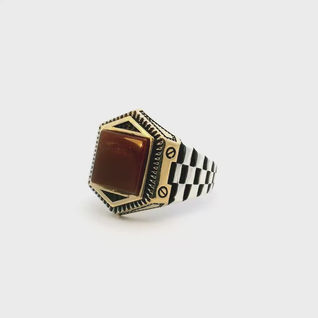 Carnelian Ring - Square Cabochon Bezel Set in Gold Vermeil Hexagonal Setting with 925 Sterling Silver Watch-Like Band sz10.5