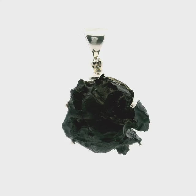 Billionite Tektite Pendant - Round Speciman with 2 Small Explosions on Exterior Prong Set in 925 Sterling Silver from Sumatra/Borneo