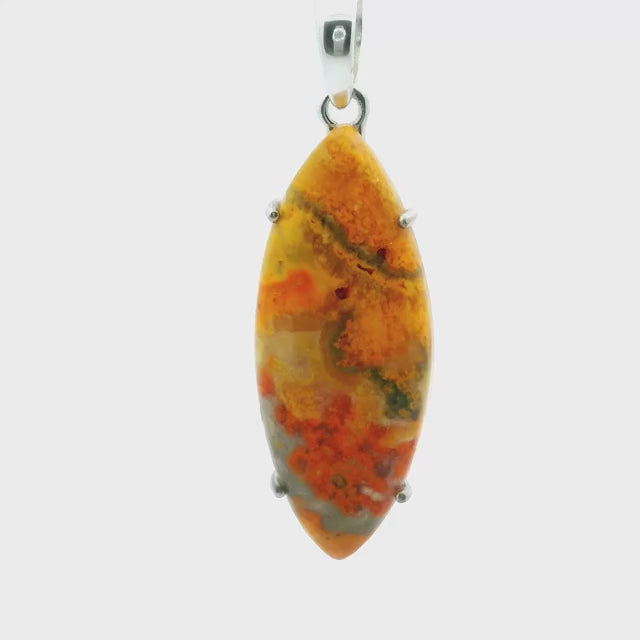 Bumblebee Jasper Pendant - Long Sharp Oval Cabochon with Bright Orange Bottom Half Prong Set in 925 Sterling Silver