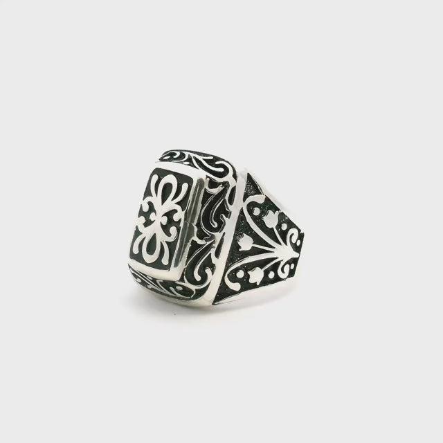 Sterling Silver Ring - Raised Rectangle with Swirl & Flower Detail in 925 Sterling Silver sz10.5