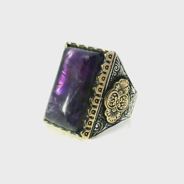 Amethyst Ring - Rectangle Pillow Cabochon in Designer Sawtooth Setting with Swirl & Flower Details in Gold Vermeil with 925 Sterling Silver sz12