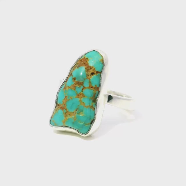 New Mexican Turquoise Ring - Polished Triangular Freeform with Multiple Tan Inlcusions Bezel Set in Simple 925 Sterling Silver sz10