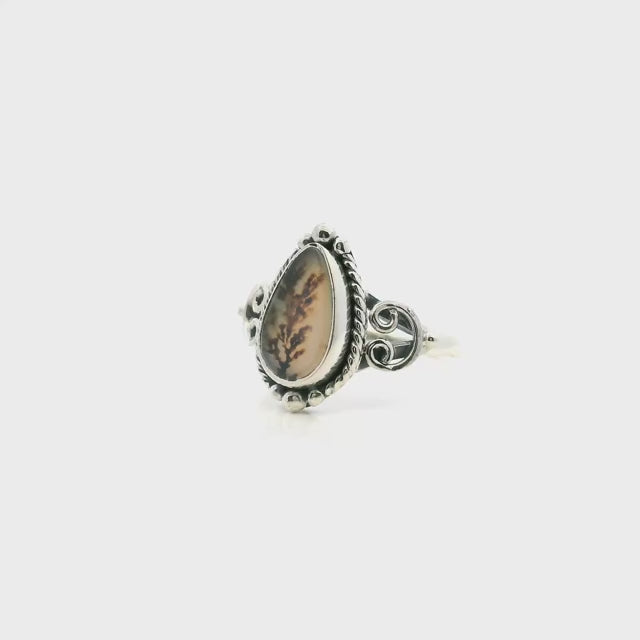 Dendritic Agate Ring - Pear Cabochon with Dark Brown Dendrites & Rope & Beaded Detail Bezel Set in 925 Sterling Silver sz7