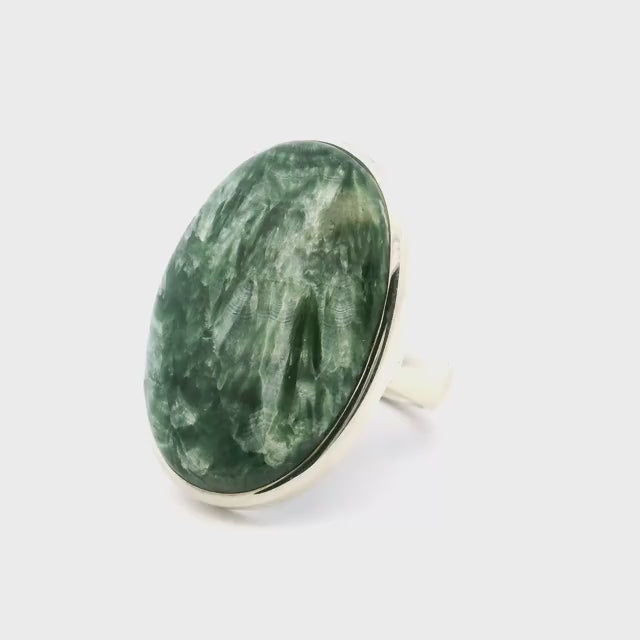 Seraphinite Ring - Oval Cabochon with 925 Sterling Silver Bezel & Band sz9.5-Adj