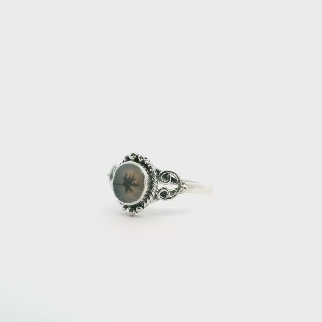 Dendritic Agate Ring - Round Cabochon with Sideways Dendrite & Rope & Beaded Detail Bezel Set in 925 Sterling Silver sz10