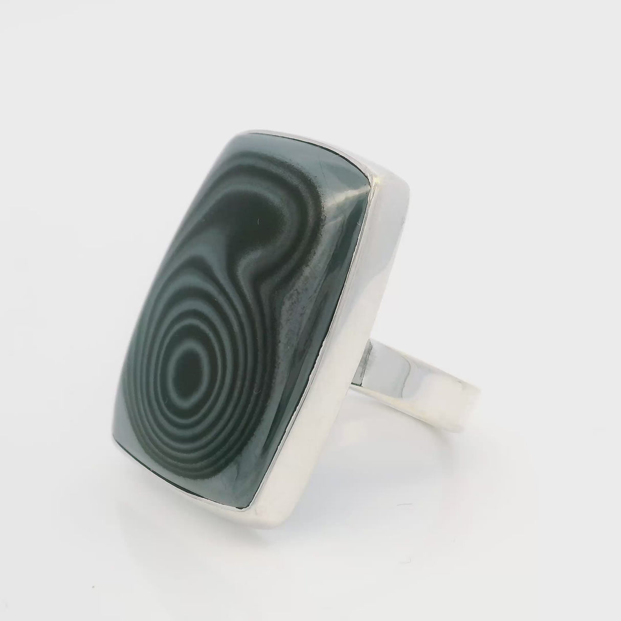 Psilomelane Ring - Rectangular Cabochon with Single Bulls-Eye Bezel Set in 925 Sterling Silver szAdj