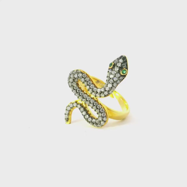 Nano Stone Ring - Quartz Snake with Green Eyes in Gold Vermeil over 925 Sterling Silver szAdj.