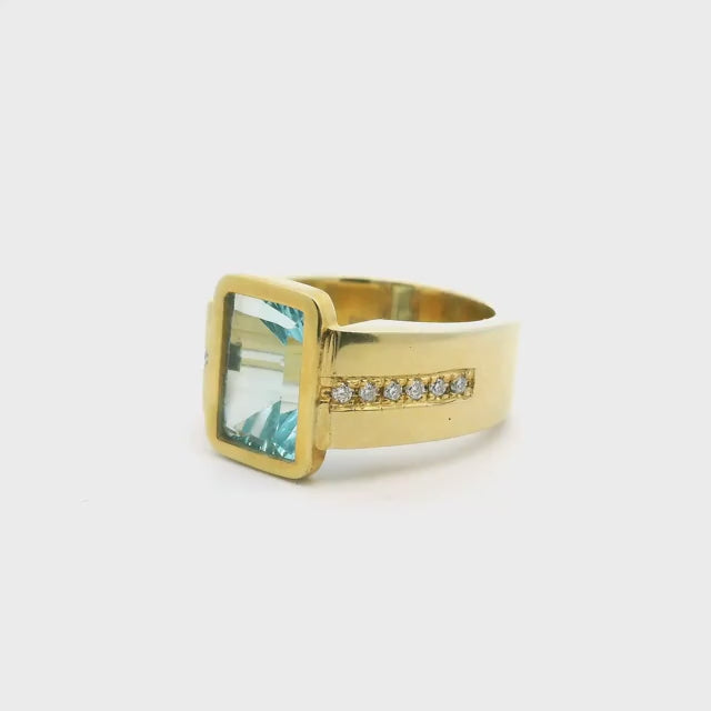 Blue Topaz Ring - Faceted Rectangle with Diamonds Down Both Sides of Band Bezel Set Flush in Gold Vermeil over 925 Sterling Silver sz9.5
