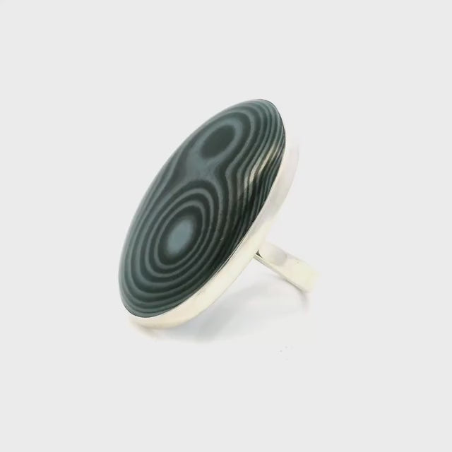 Psilomelane Ring - Oval Cabochon with Double Bulls-Eye Bezel Set in 925 Sterling Silver szAdj