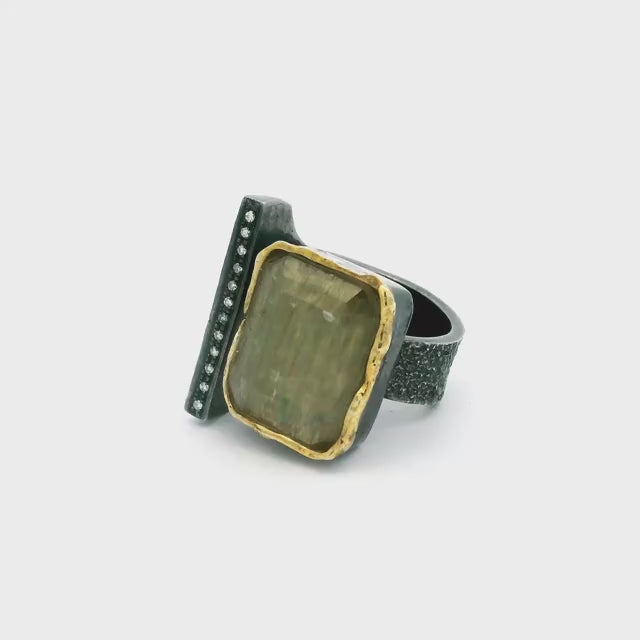 Zultanite Ring - Faceted Square on Open Band with Single Row Pave Diamonds & Dripped Gold Accents Bezel Set in 925 Sterling Silver sz7