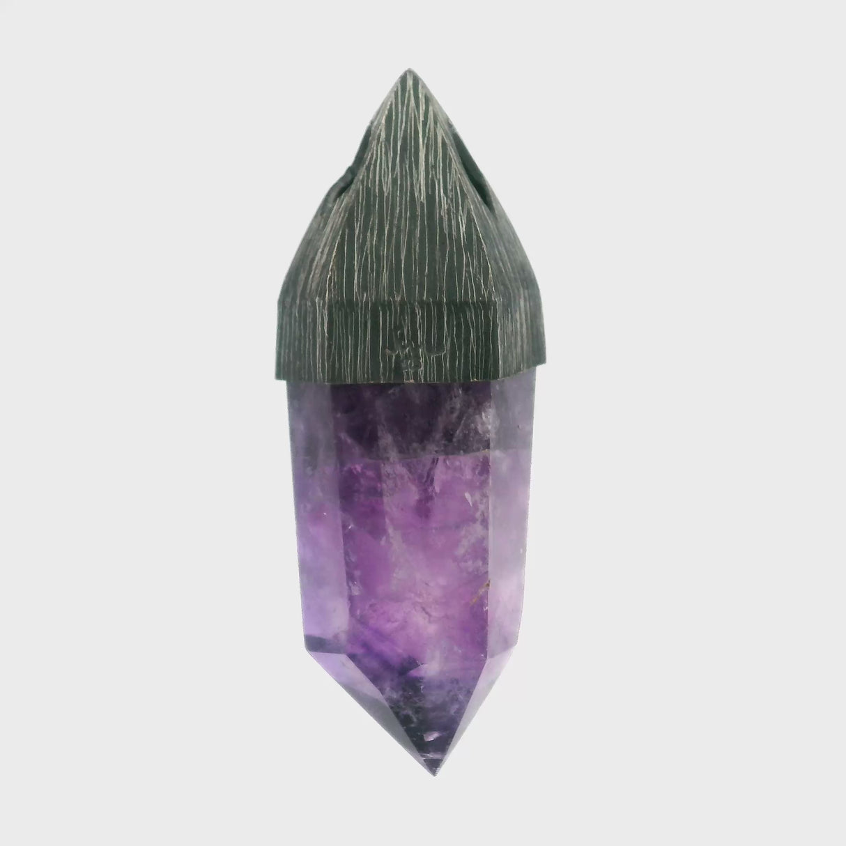 Polished Amethyst Point Pendant Bezel Set in Oxidized 925 Sterling Silver Pointed Bail with Diamond Cut-Out - Crystal Home