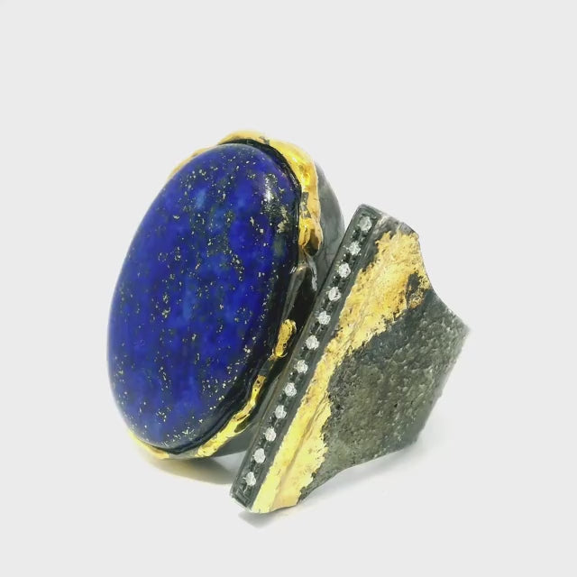 Lapis Lazuli Ring - Oval Cabochon on Open Band with Single Row Pave Diamonds & Dripped Gold Accents Bezel Set in 925 Sterling Silver sz7