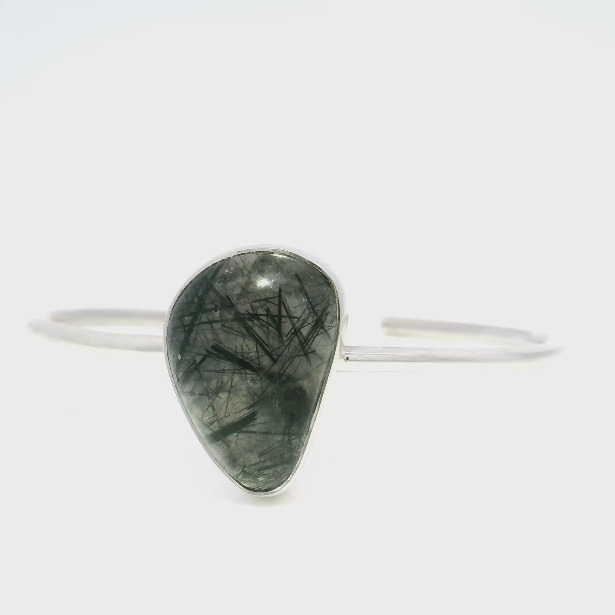 Single Black Tourmalated Quartz Cabochon Bezel Set Bangle Cuff