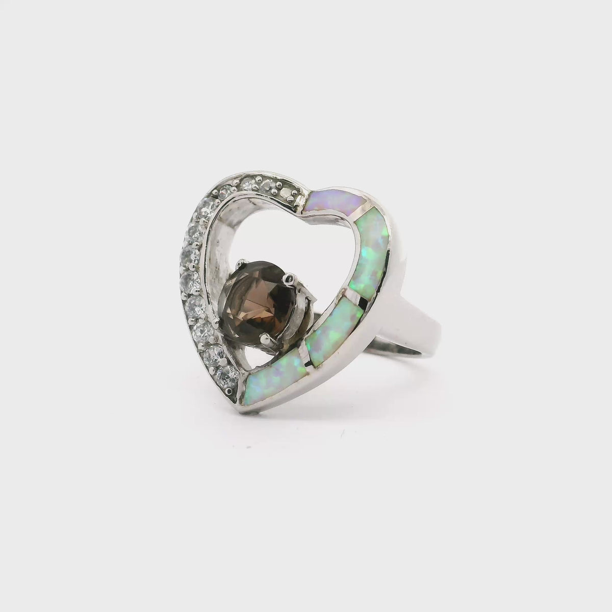 Bague incrustée d'opale rose – Cœur avec topazes cubiques tailles 5.5/6.5