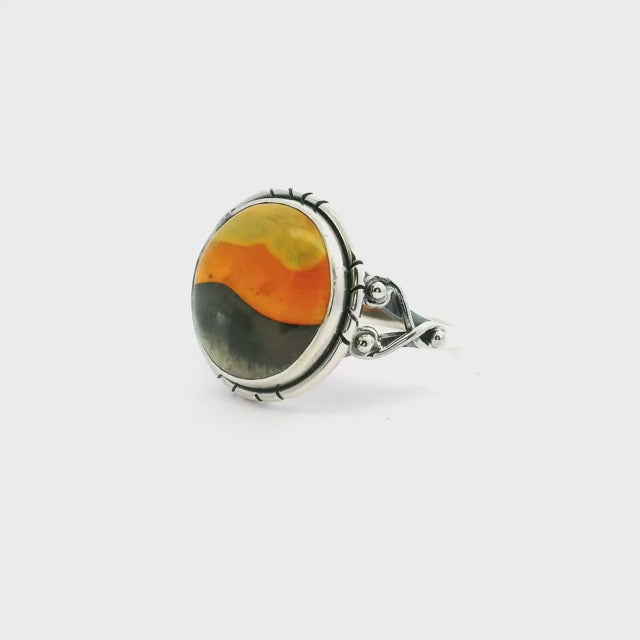 Bumblebee Jasper Ring - Round Tri-Color Cabochon With Double Band & Side Wishbone Accents Bezel Set In 925 Sterling Silver sz8