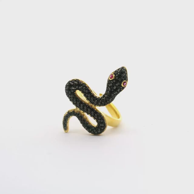 Nano Stone Ring - Black Snake with Red Eyes in Gold Vermeil over 925 Sterling Silver szAdj