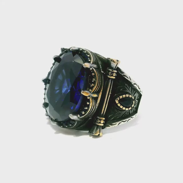 Sapphire Ring - Faceted Oval with Single Row Pave Sapphire Nanostones & 2 Faceted Sapphire Side Pears with Crown Prong Setting in 925 Sterling Silver with Gold Vermeil Accents sz11.5