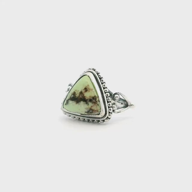 Lemon Chrysoprase Ring - Triangle Cabochon with Dark Brown Triangular Inclusions Bezel Set with Beaded Detail on Double Band in 925 Sterling Silver sz7